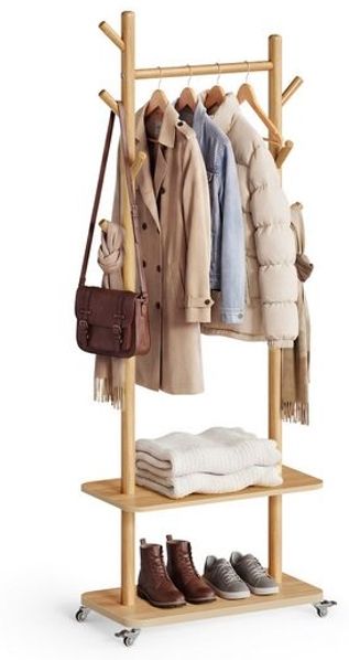 VASAGLE Garderobenständer, 7 Haken, 2 Ablagen, Rollen, Massivholz, Flur, Schlafzimmer, Wohnzimmer, natur
