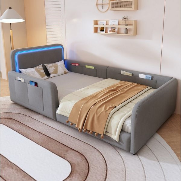Celya Polsterbett Gepolstertes Bett, Einzelbett für Teenager 90x200 cm (Ohne Matratze, mit LED-Kopfteilbeleuchtung, Seitentaschen), ideal für Kinder-, Gäste- oder Jugendzimmer