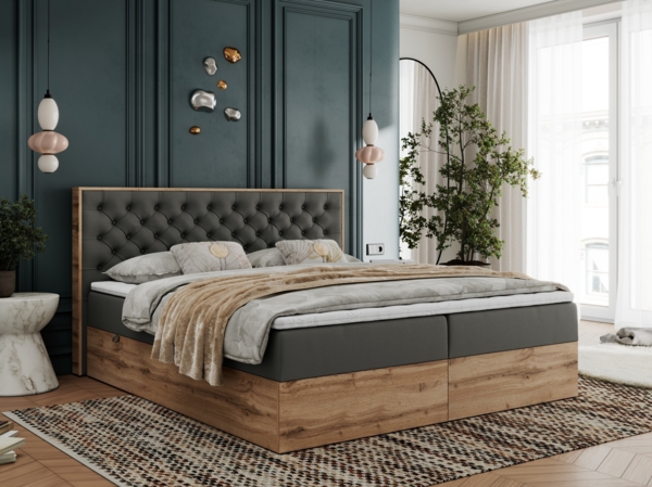 Boxspringbett mit Multipocket-Matratze und Zwei Bettkästen, Doppelbett mit Stauraum - ALBERO 3 - 160 x 200 cm - Grau Kunstleder - H3