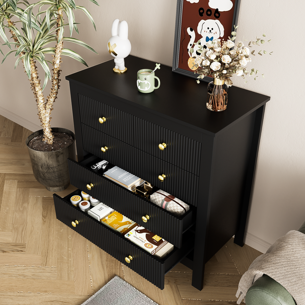 Kommode 5 Schubladen, schwarz mit strukturierter Front und vergoldeten Griffen,79 x 80.5 x 39.5 cm