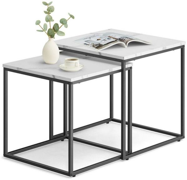 Home Collective Couchtisch 2er Set Beistelltisch Loft Design 2in1 Verschachtelung Wohnzimmer, kratzfeste Oberfläche 50&45cm Marmor Optik, schwarz Beinen quadratisch