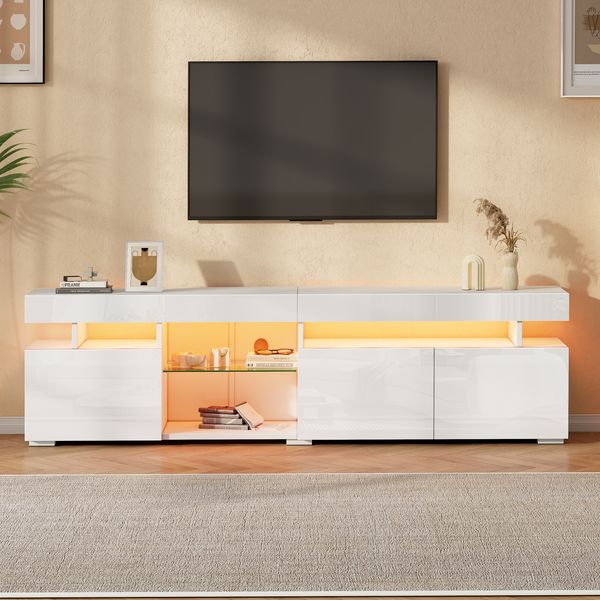 Merax 180cm TV-Schrank, lowboard, Hochglanz-TV-cabinet mit 3 Türen, verstellbaren Einlegeböden aus gehärtetem Glas, geeignet für Fernseher bis ca. 80 Zoll, Weiß