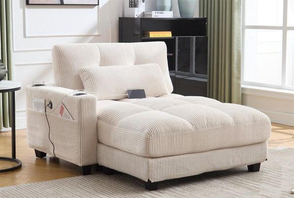 LVHOM Polsterliege Ottomane/Loungesofa/Polsterbett/Daybett/Gästebetten/Schlafsofa (USB/Typ C-Ladeanschlüssen, Seitentaschen, Getränkehalter, modularer Flexibilität Palmen Sessel, links & rechts tauschbare Armlehnen, Schlaffunktion, Platzsparend, 1-St, ...
