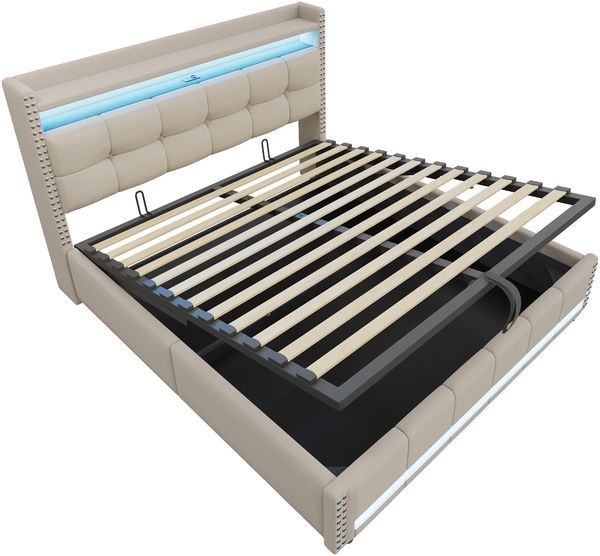 Merax Polsterbett Doppelbett 180*200cm mit LED-Beleuchtung und USB-Steckdose, Mit Hydraulik für die Lagerung, Leinen Beige Bild 8