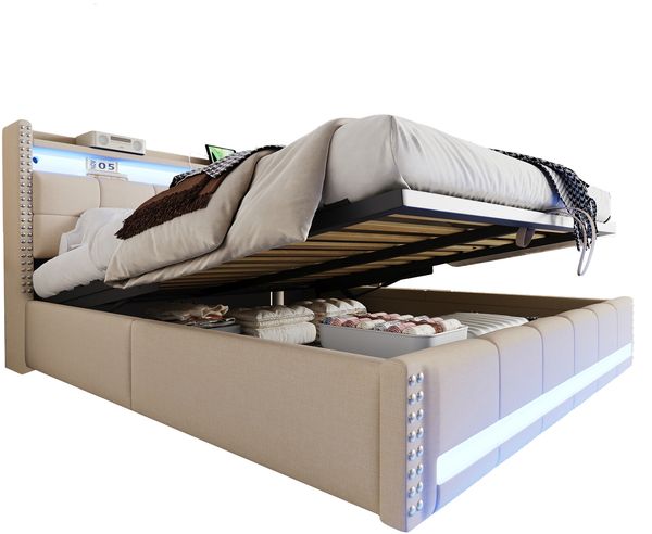 Merax Polsterbett Doppelbett 180*200cm mit LED-Beleuchtung und USB-Steckdose, Mit Hydraulik für die Lagerung, Leinen Beige Bild 10