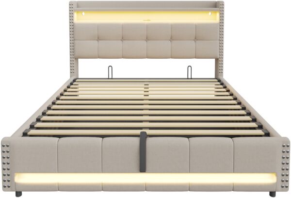 Merax Polsterbett Doppelbett 180*200cm mit LED-Beleuchtung und USB-Steckdose, Mit Hydraulik für die Lagerung, Leinen Beige Bild 6