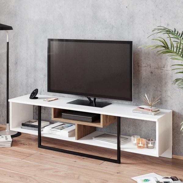 Hanah Home Modern TV Stand with Wall-Mount Option, 149.4 cm, White/Black/Oak | 100% Melamine Coated Particle Board, 18 mm Thick | Stylish Design & Ample Storage