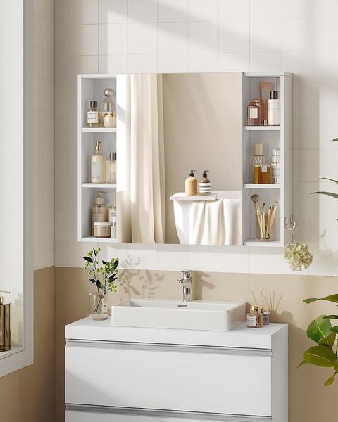 Spiegelschrank, Badezimmer Spiegelschrank, Wandschrank, Hängeschrank mit Spiegeltüren und offenem Fach, Verstellbare Ablage, Flexibel Montierbar 16,5 x 80 x 65 cm, Weiß