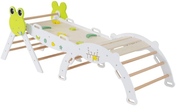 3er Set Klettergerüst mit Rutsche & Kletterbogen & Doppelseitige Rampe Kletterdreieck Weiß