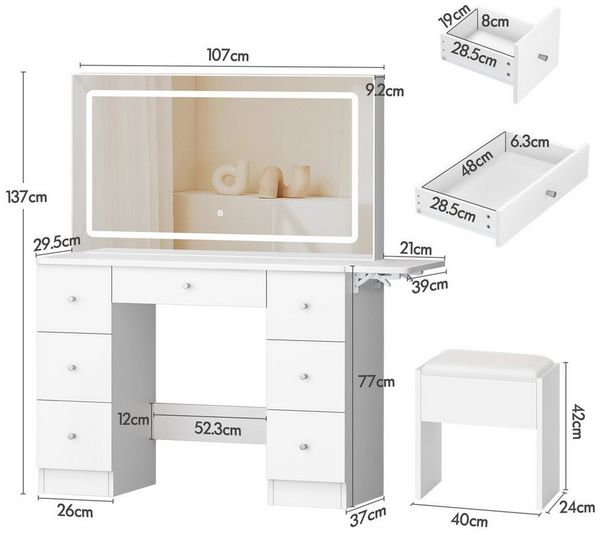 ALFORDSON Schminktisch mit LED-Spiegel, 7 Schubladen und Steckdosen, Schminktisch-Hocker-Set (1-St, Schminktisch-Set mit Stauraumhocker und klappbarer Tischplatte), 3 Farbmodus-Lichter und 10-stufige Dimmbarkeit