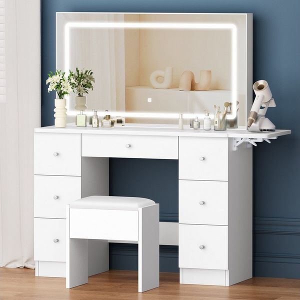 ALFORDSON Schminktisch mit LED-Spiegel, 7 Schubladen und Steckdosen, Schminktisch-Hocker-Set (1-St, Schminktisch-Set mit Stauraumhocker und klappbarer Tischplatte), 3 Farbmodus-Lichter und 10-stufige Dimmbarkeit