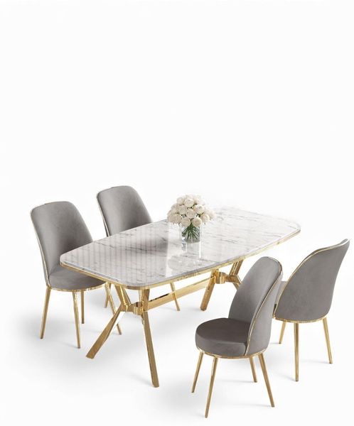 Elegantes 5-teiliges Esszimmer-Set mit Tisch und Stühlen, weißer Marmor & Gold, Metallbeine, modernes Design | Tisch: 160x90 cm, Bezug: Babyface-Stoff