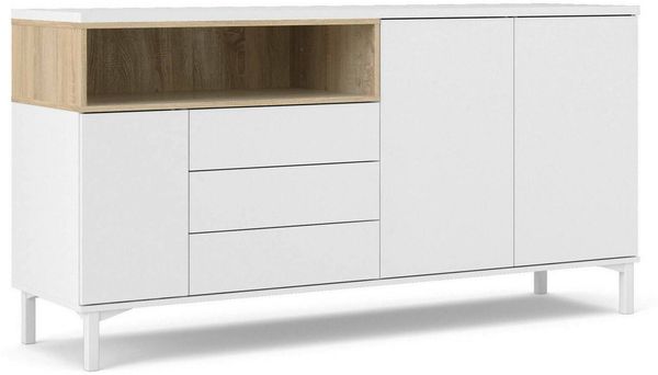 Dmora Kommode Julie, Wohnzimmerbuffet, Wohnzimmer-Sideboard, Moderne Küchen-Speisekammer, 176x48 h90 cm, Weiß und Eiche