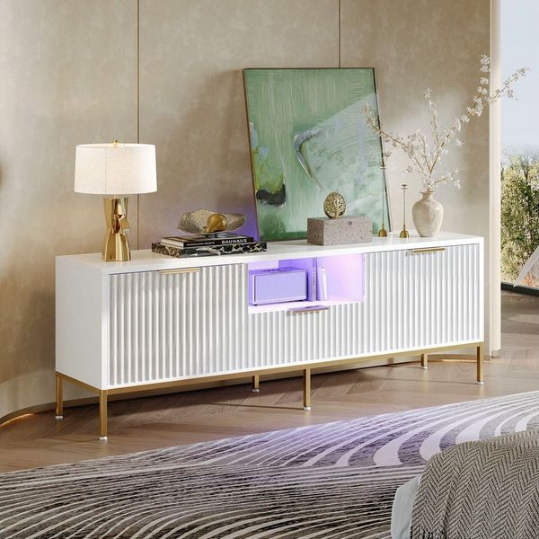 Bestier TV-Schrank TV-Schrank Lowboard für 65 Zoll & kleinere TVs, 144.8 x 35 x 54 cm Türfront mit glänzendem Wellenmuster und Schubladen