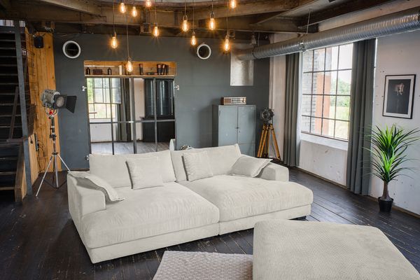 KAWOLA Big Sofa MADELINE Cord cremeweiß mit Hocker und 4 Zierkissen 85 x 170 x 290 cm