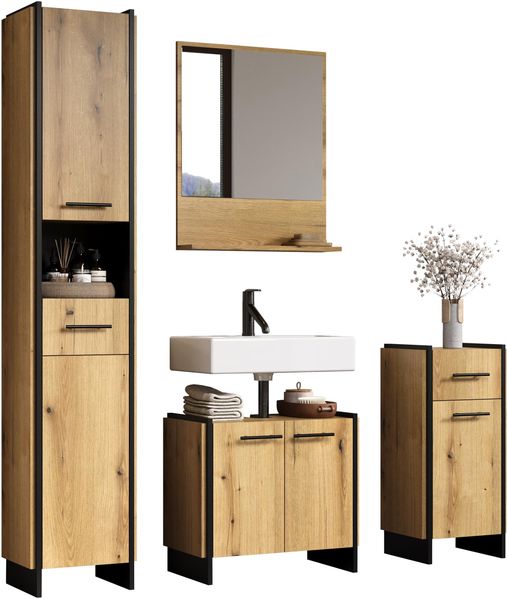 trendteam smart living - Safiya - Badmöbel - Eiche/Schwarz - Set mit Hochschrank, Waschbeckenunterschrank, Standschrank und Wandspiegel - (BxHxT) 154 × 190 × 34 cm - Industrieller Stil