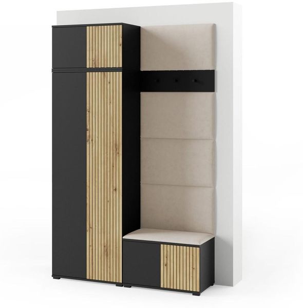 Garderoben-Set Rosario Version 2 mit Lamellen, Kleiderschrank mit Polsterplatten und Schuhschrank (Schwarz / Eiche Artisan, Trinity 02), 225 x 40 x 140 cm