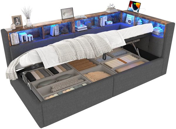 Stauraumbett mit LED-Beleuchtung, Lattenrost, Stauraum, Regal, USB und Type-C Anschlüssen, 90x200cm, Polsterbett, Einzelbett, Schlafsofa, Leinen