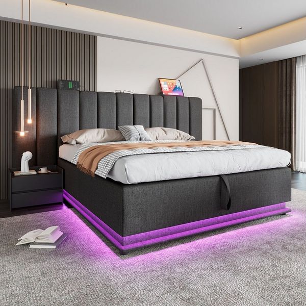 STILVORA Polsterbett Bettgestell 180×200 Funktionsbett Doppelbett mit App Control LED&USB-C (Doppelbett, Funktionsbett mit Bettkasten und Lattenrost, 1-tlg, 180×200cm, mit Matratze), mit App-Steuerung LED und USB-C Ladefunktion