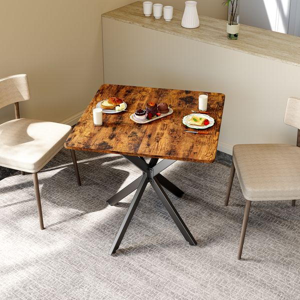 Quadratischer Tisch 80 x 80 x 75 cm im Industrial-Stil, Vintagebraun, Stahlgestell mit X-Beinen