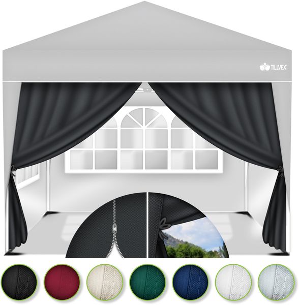 tillvex® 4X Seitenwand weiß für Pavillon 3x3 m & 3x6 m | Faltpavillon Seitenteile wasserabweisend | Seitenfenster & Reißverschluss | Seitenwände für Gartenzelt Partyzelt