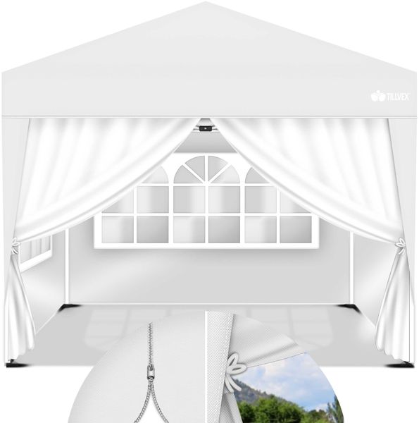 tillvex® 4X Seitenwand weiß für Pavillon 3x3m & 3x6m | Faltpavillon Seitenteile wasserabweisend | Seitenfenster & Reißverschluss | Seitenwände für Gartenzelt Partyzelt