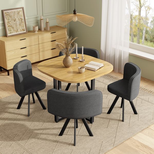 Merax Essgruppe, Esstisch und Stuhlset für 4 Personen,bestehend aus einem Esstisch (85 x 85 cm) und vier mit Leinen bezogenen Stühlen, geeignet für Küche und Esszimmer (Eichentischplatte + graue Stühle)