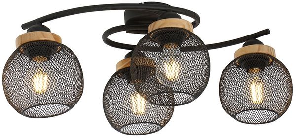 LED Deckenleuchte, 4-Flammig, Holz, Gitterschirme, schwarz, L 60 cm