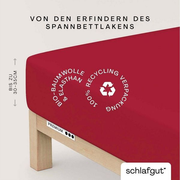 Schlafgut Spannbettlaken PREMIUM Mako-Zwirn-Jersey, 220 g/m², 95% Bio-Baumwolle, 5% Elasthan, Mako-Zwirn-Jersey, Gummizug: rundum, (1 Stück), Bettlaken bis 30 cm Höhe, PREMIUM-Qualität langlebig, perfekter Sitz