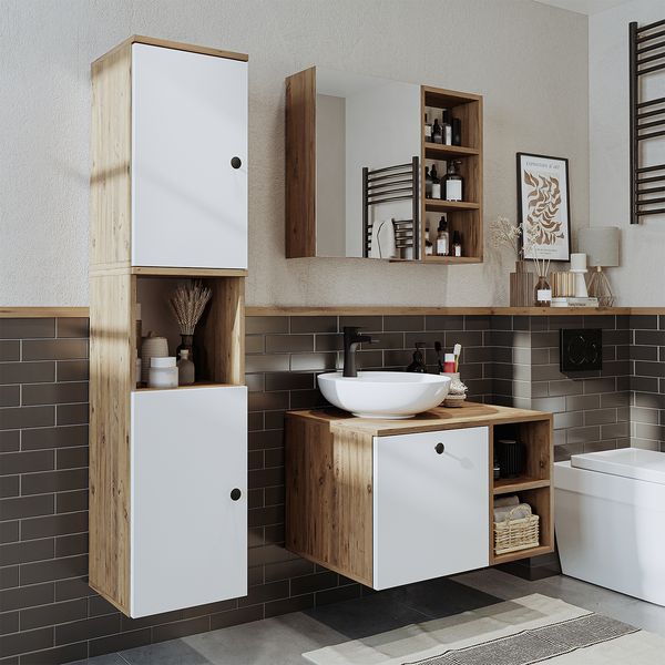 Roomart LOTUS-I-75 Badmöbel Set– 4-teiliges Badezimmermöbel Set - Waschbeckenunterschrank mit Keramikwaschbecken, Spiegelschrank & Hochschrank - H 45 x B 45 x T 75 cm • Weiß-Eiche