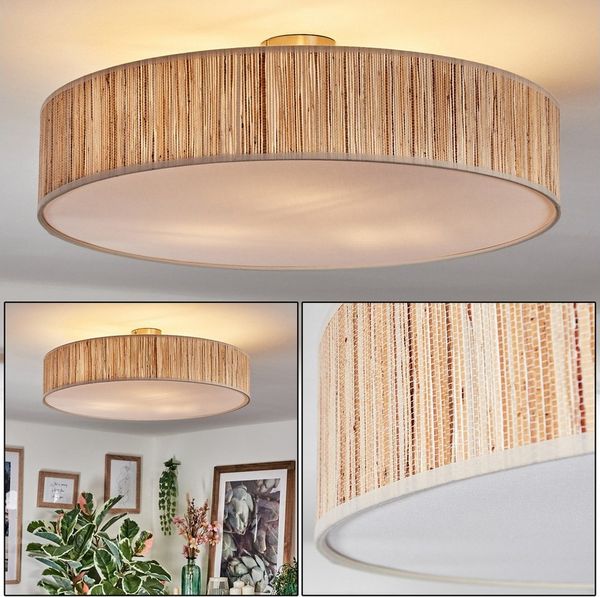 hofstein Deckenleuchte Deckenlampe aus Metall/Binsenstroh/Stoff/Kunststoff in Beige/Weiß, Deckenleuchte im modernen Boho-Design, Ø 60 cm, E27
