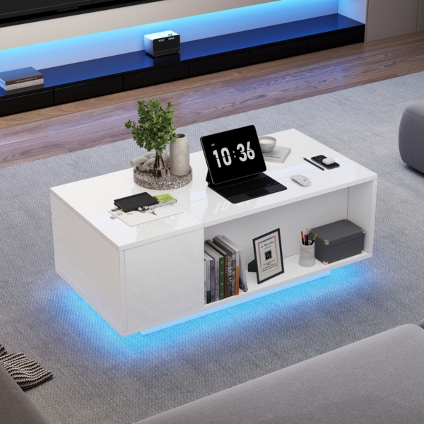 Merax Couchtisch Höhenverstellbarer Kaffeetisch mit Verstecktem Stauraum, Beistelltisch Mit LED-Licht , Wohnzimmertisch Mit Schublade, Sofatisch, Weiß Bild 3