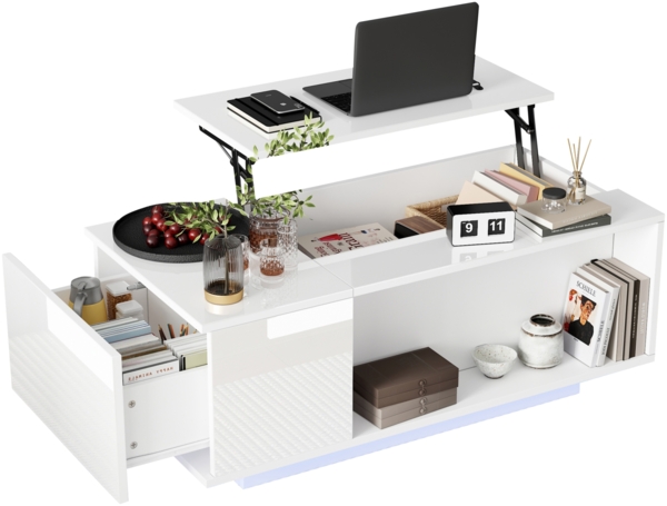 Merax Couchtisch Höhenverstellbarer Kaffeetisch mit Verstecktem Stauraum, Beistelltisch Mit LED-Licht , Wohnzimmertisch Mit Schublade, Sofatisch, Weiß Bild 10
