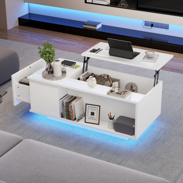 Merax Couchtisch Höhenverstellbarer Kaffeetisch mit Verstecktem Stauraum, Beistelltisch Mit LED-Licht , Wohnzimmertisch Mit Schublade, Sofatisch, Weiß Bild 1