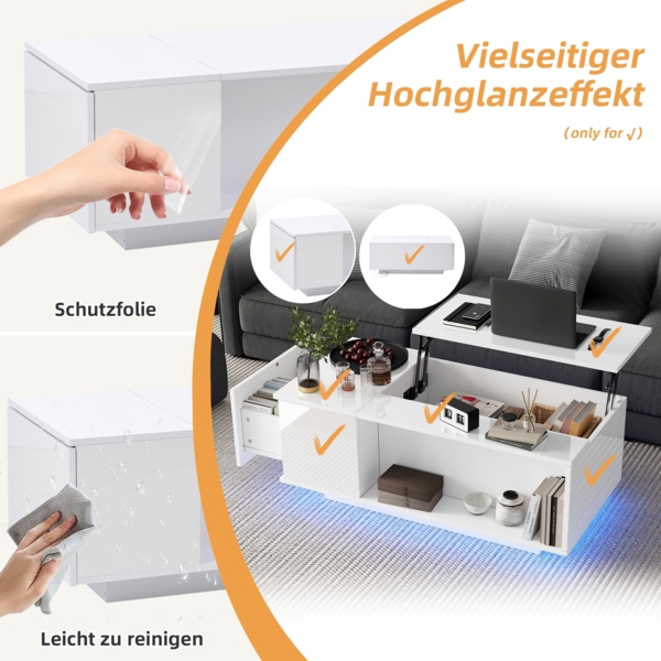 Merax Couchtisch Höhenverstellbarer Kaffeetisch mit Verstecktem Stauraum, Beistelltisch Mit LED-Licht , Wohnzimmertisch Mit Schublade, Sofatisch, Weiß Bild 7