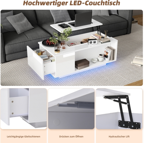 Merax Couchtisch Höhenverstellbarer Kaffeetisch mit Verstecktem Stauraum, Beistelltisch Mit LED-Licht , Wohnzimmertisch Mit Schublade, Sofatisch, Weiß Bild 6