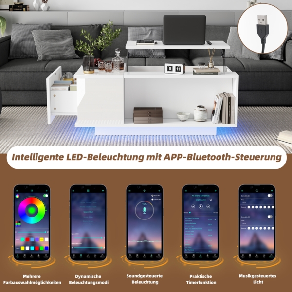 Merax Couchtisch Höhenverstellbarer Kaffeetisch mit Verstecktem Stauraum, Beistelltisch Mit LED-Licht , Wohnzimmertisch Mit Schublade, Sofatisch, Weiß Bild 5
