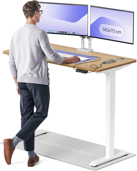 Desktronic HomePro Elektrisch höhenverstellbarer Schreibtisch 140x70cm Massive Eiche/Weiß mit Memory-Funktion, Anti-Kollisions Technologie, USB-A und USB-C-Ladeanschlüssen