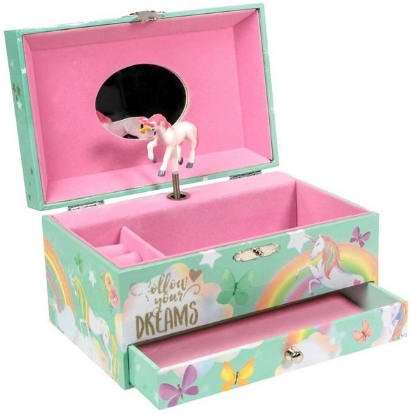 Intirilife Schmuckkasten (1 St), Schmuckkästchen mit Spieluhr Musikschmuckdose Einhorn Kinder Holz Samt