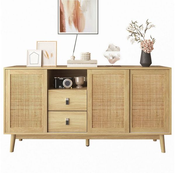 Yorbay Sideboard aus echtem Rattan, Landhaus & Scandi Design, mit 3 Schiebetüren aus Rattan und 2 Schubladen, 155 x 38 x 80 cm