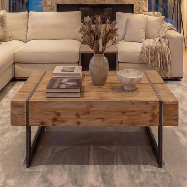 'HWC-A15a' Couchtisch, Holz Tanne rustikal massiv natur, 40 x 120 x 60 cm