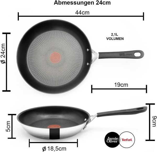 Tefal Bratpfanne Jamie Oliver E30 Pfanne 24cm Bratpfanne alle Herdarten+ Induktion, Edelstahl 18/10 (Pfanne, Bratpfannen Set, Pfannenset, Wok, Wokpfanne, Schmorpfanne, Pfannen, Inkl. 1 Wender & Filzschoner), Säurebeständig