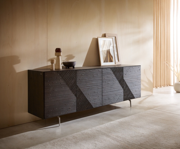 Sideboard Tereos 200 cm Esche Dunkelbraun 3D Effekt 4 Türen Winkelfuß Edelstahl gebürstet