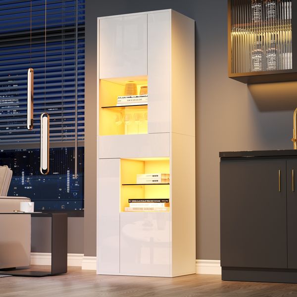 Freistehende Weiß Vitrine mit LED-Licht, 1 Schublade, 4 Schränke, 11 Ablageflächen,Hochglanzfront, Anti-Kipp-Design
