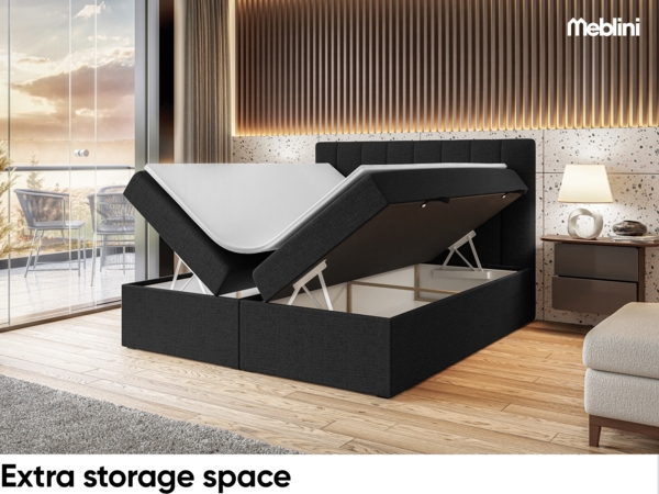MEBLINI Boxspringbett ERLING 140x220 cm mit Bettkasten - H3/Schwarz Webstoff Polsterbett - Doppelbett mit Topper & Bonellfederkern-Matratze Bild 5