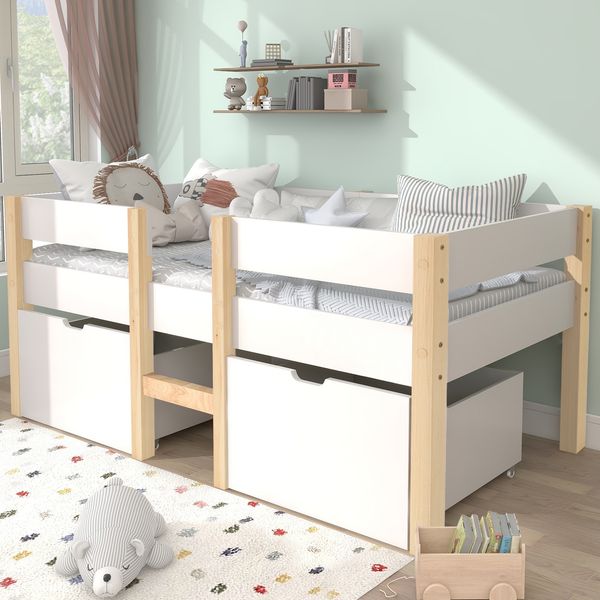 Bett Kinderbett mit Schublade und Rausfallschutz, Kiefer-Vollholz-90x200 cm-Wei? & Eiche