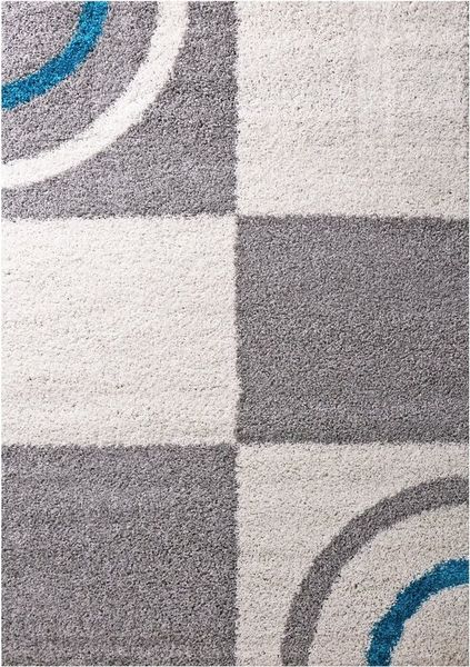 Vimoda Hochflor-Teppich Wohnzimmer Teppich Blau Grau, Rechteckig, Höhe: 30 mm, Läufer Shaggy, kariert Pflegeleicht dicht in Grau blau
