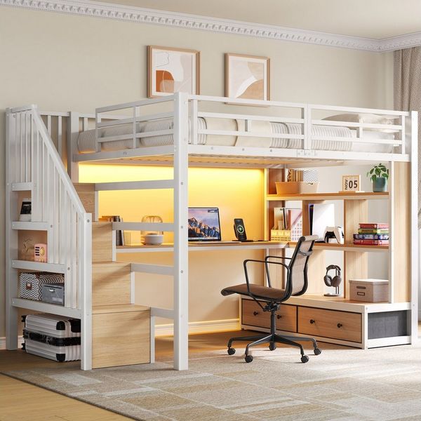 Flieks Hochbett Kinderbett 140×200cm mit Schreibtisch Regal Schubladen Stauraumtreppe