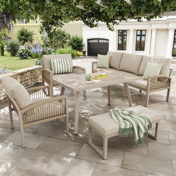 HAUSS SPOLE Gartenlounge-Set 7 Sitzer Gartensofa Handgeflochten Armlehnen Stahlrahmen Coffeetable, (modular mit Handgeflecht Beige, Sessel-Sofa*2 Ecksofa*1 Einzelsofa*2 Tisch*1)
