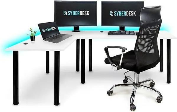 SyberDesk Gaming Pro LED Eckschreibtisch 197 x 132 cm mit LED großer Computer-Schreibtisch, Gaming tisch, USB HUB, (links, Weiß)